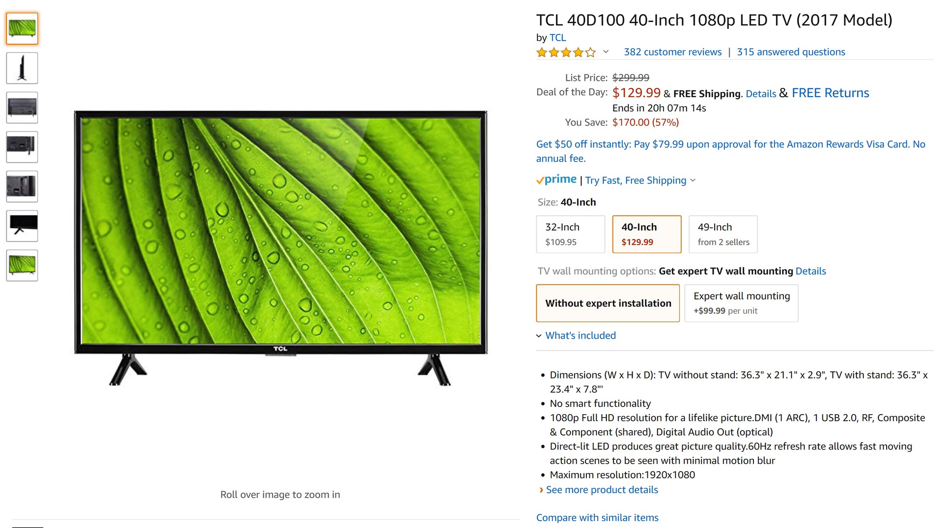 Amazon TCL 40-inch TV page. 