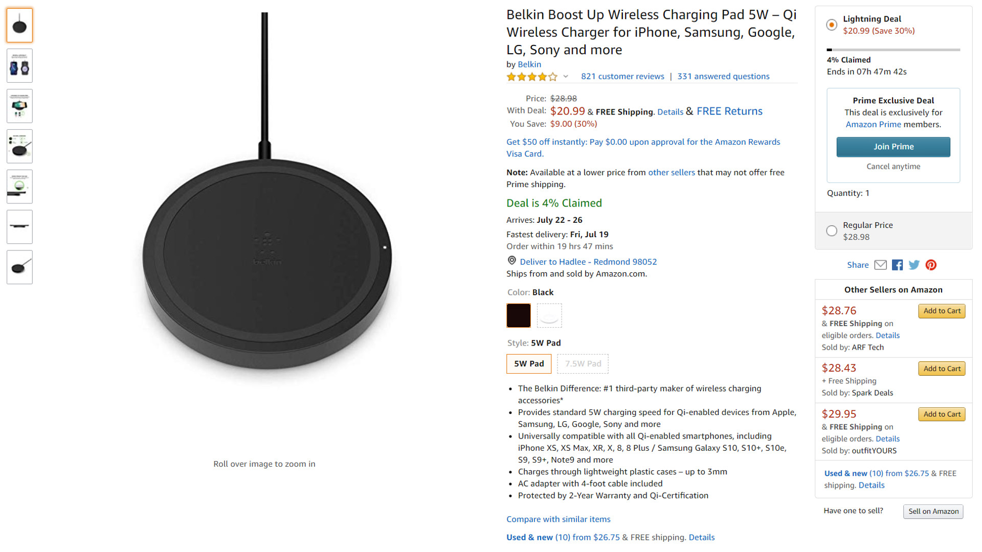 A Belkin charging pad on Amazon's website.