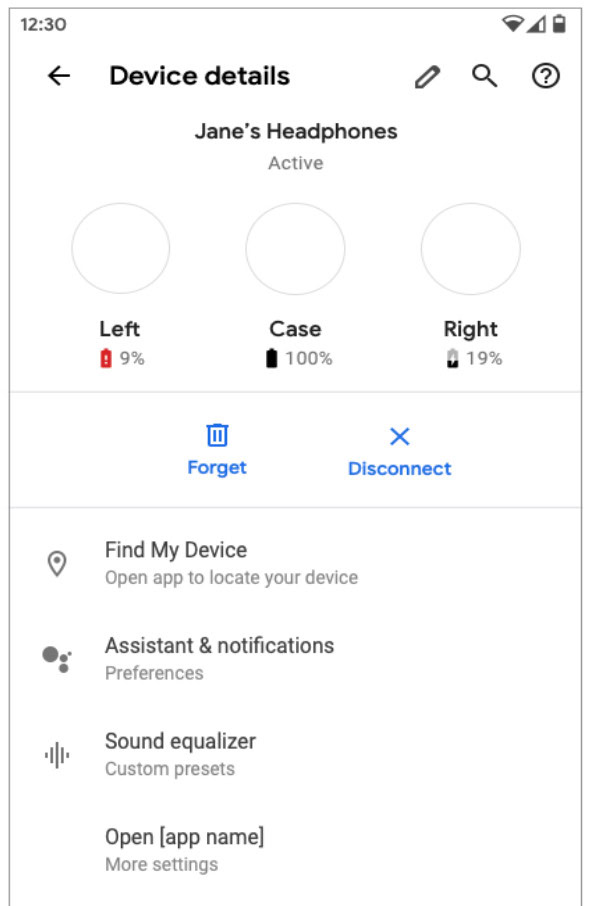 Google's new menu for Fast Pair wireless earbuds.