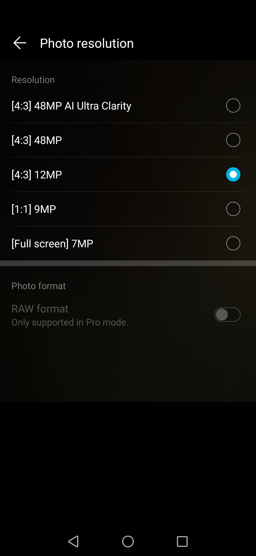 Honor 20 camera app resolution options screenshot
