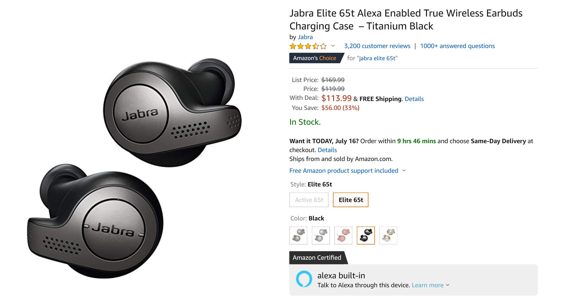 The Amazon store page for the Jabra Elite 65t headphones 