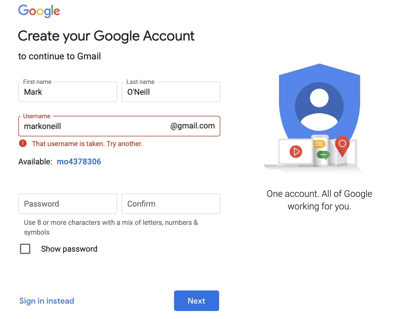 new gmail account signup