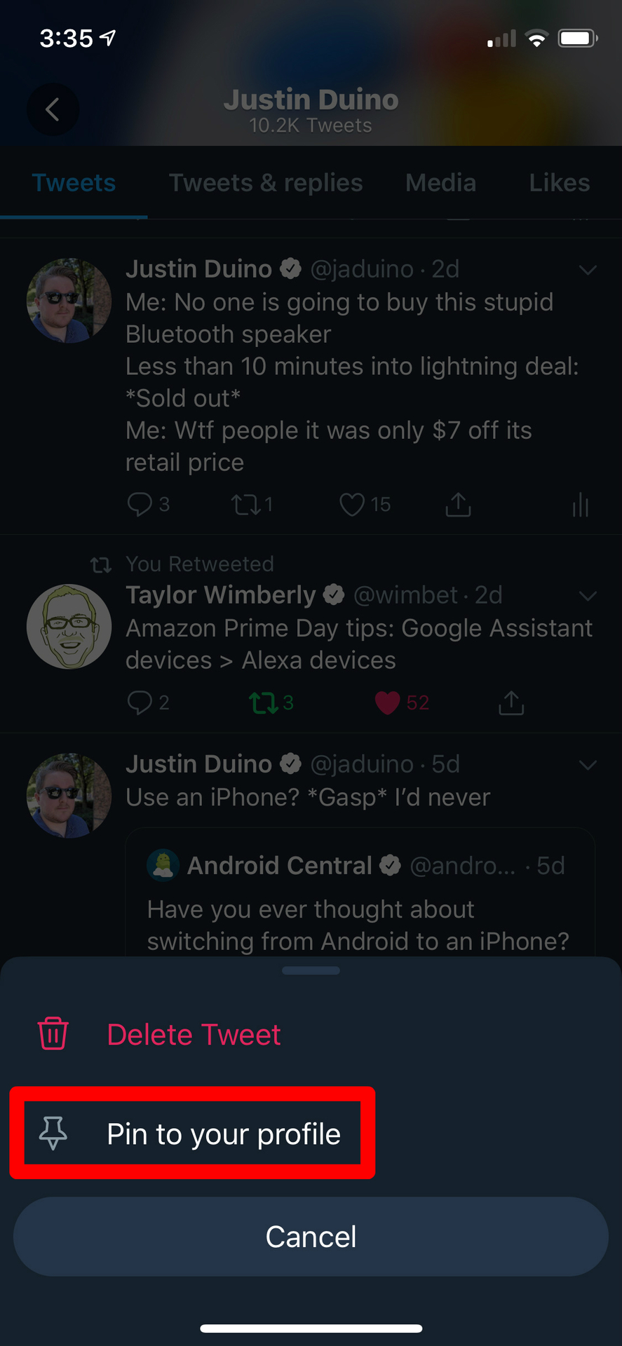 How to pin a tweet in Twitter for iOS 2
