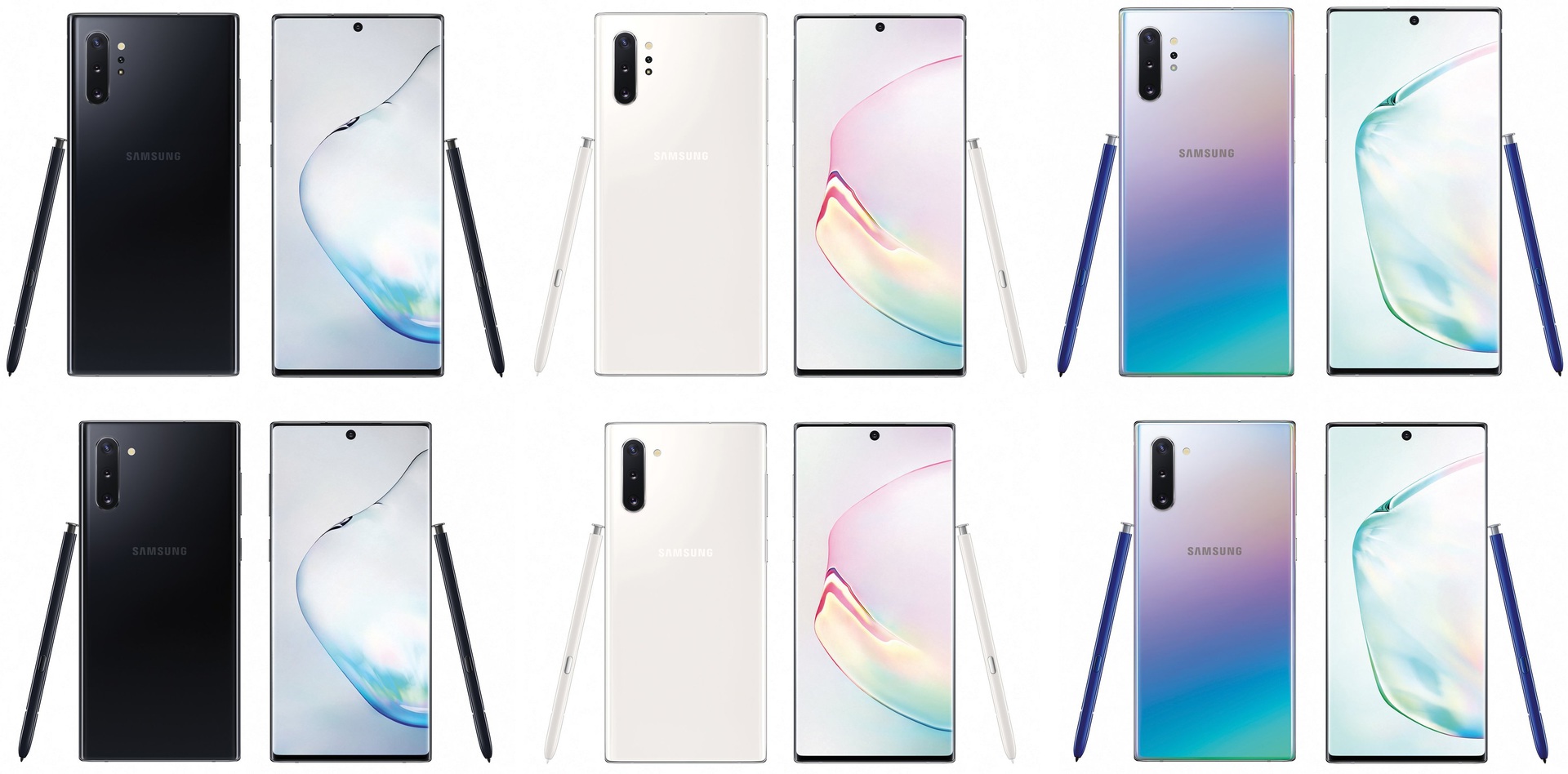 Samsung Galaxy Note 10 renders at the bottom Galaxy Note 10 Plus renders at the top in various colors.