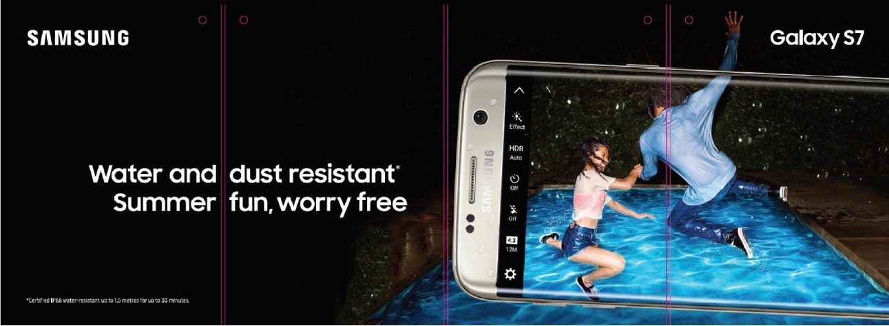 Samsung Galaxy S7 water resistance advertising.