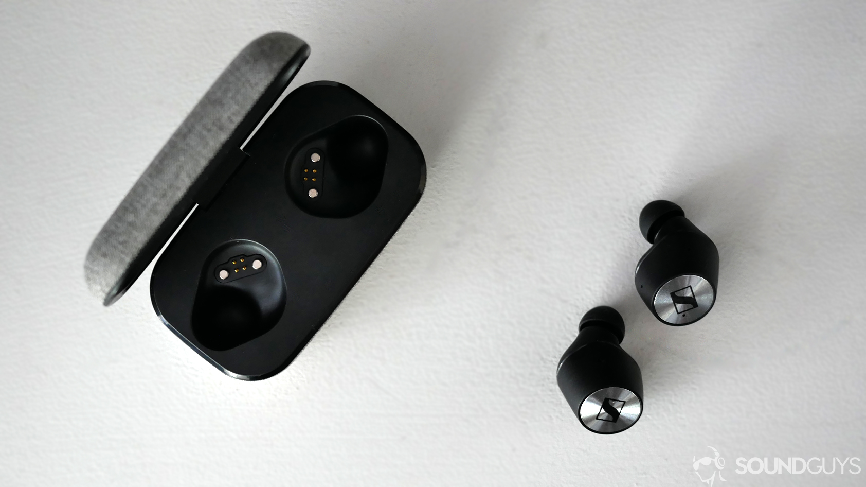 The Sennheiser Momentum True Wireless earbuds pictured on a white background. 