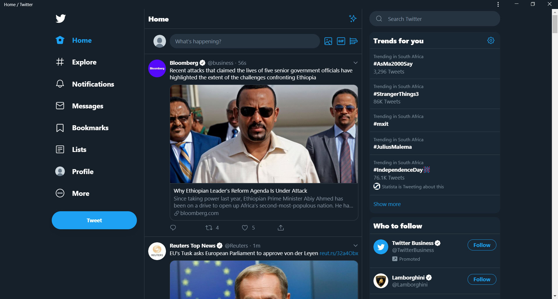 The Twitter progressive web app installed on a desktop computer.