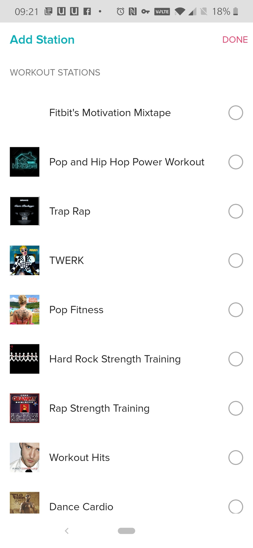 Fitbit app showing workout playlists on Pandora