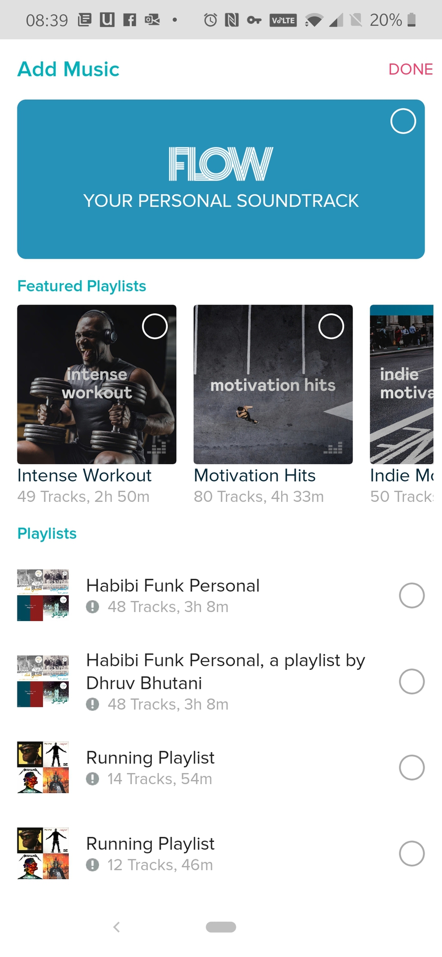 Fitbit app with list of Deezer playlists