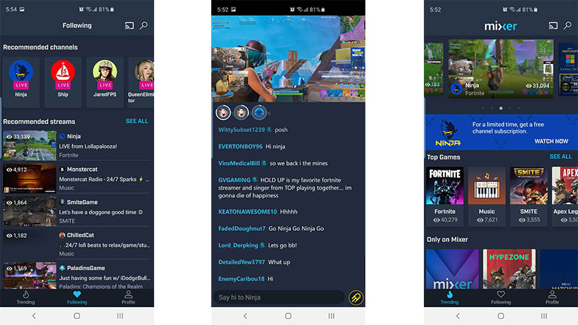Mixer mobile UI screenshot 2019