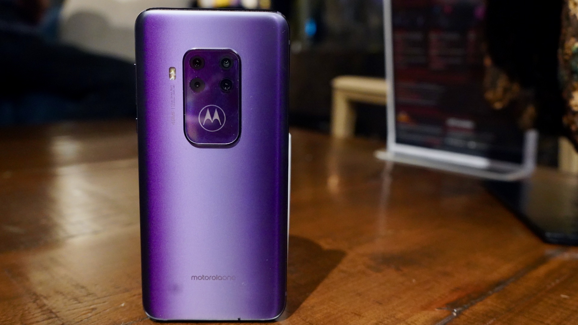 Motorola One Zoom purple standing tall