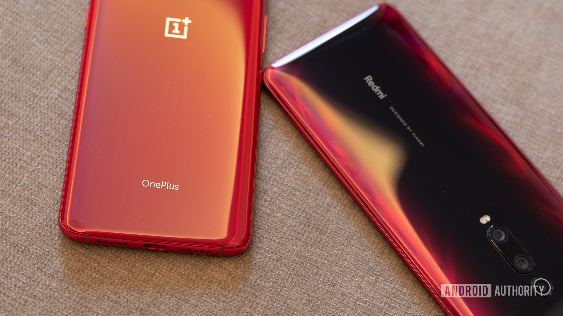 Redmi K20 Pro vs OnePlus 7 with logos and branding