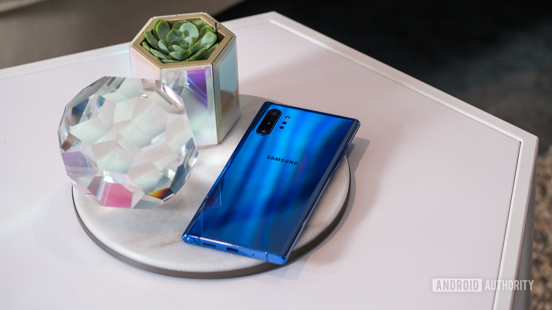 Samsung Galaxy Note 10 Plus Aura Blue back on table