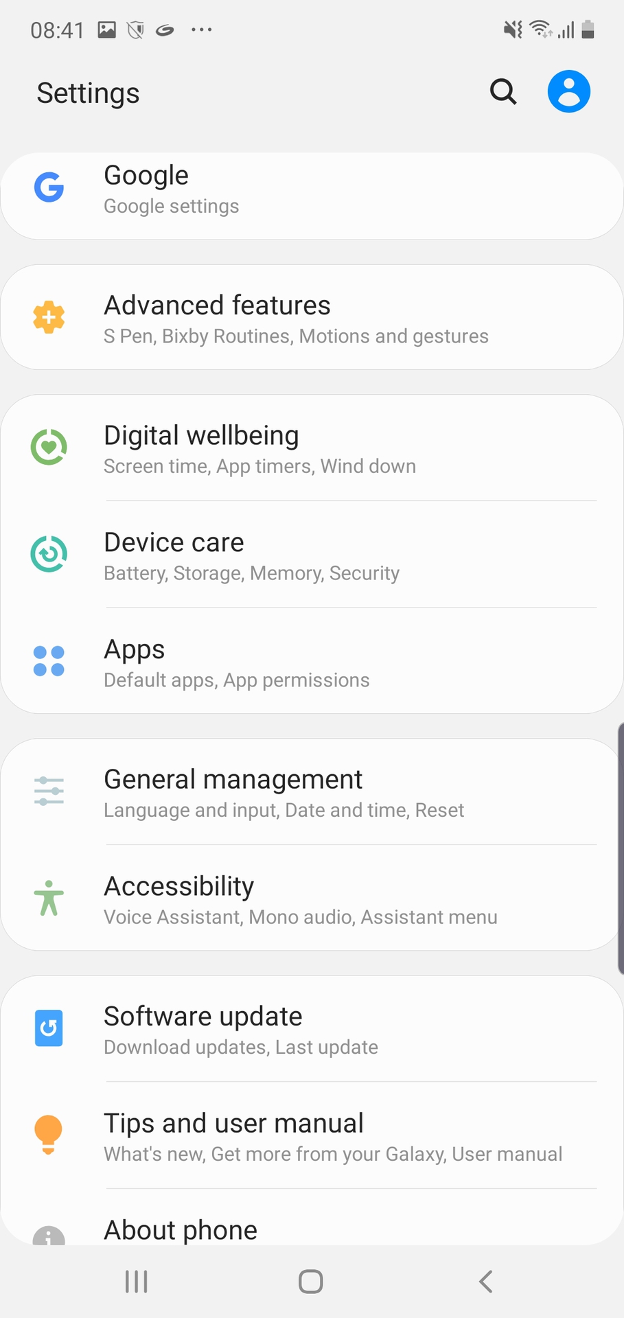 Samsung Note 10 settings page