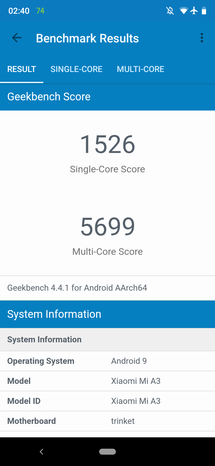 Xiaomi Mi A3 Geekbench 4 scores