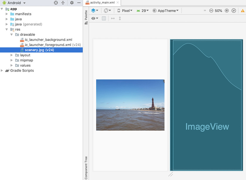 You can display a drawable by adding an ImageView to your layout