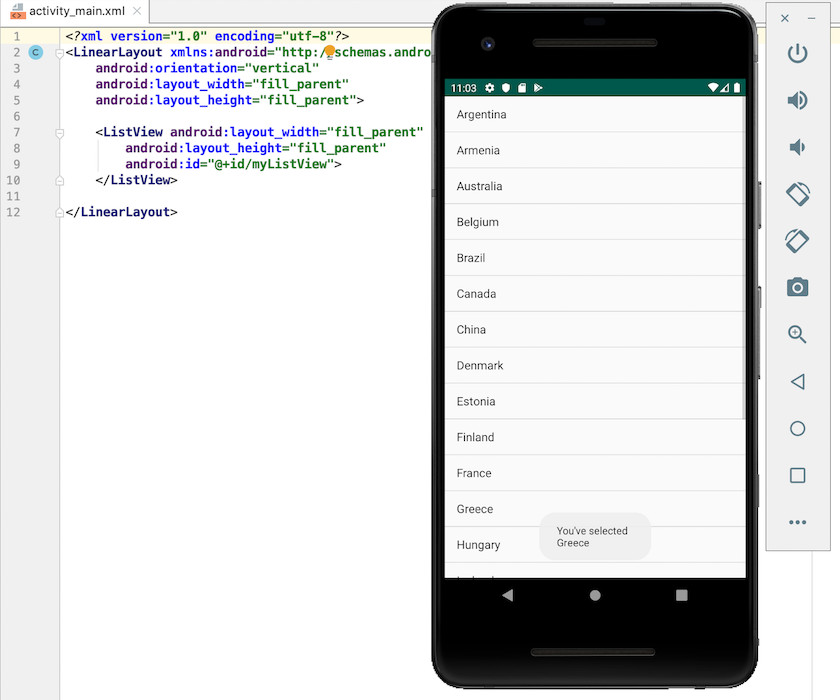 Android's ListView displays a collection of items as a vertically-scrolling, single column list.