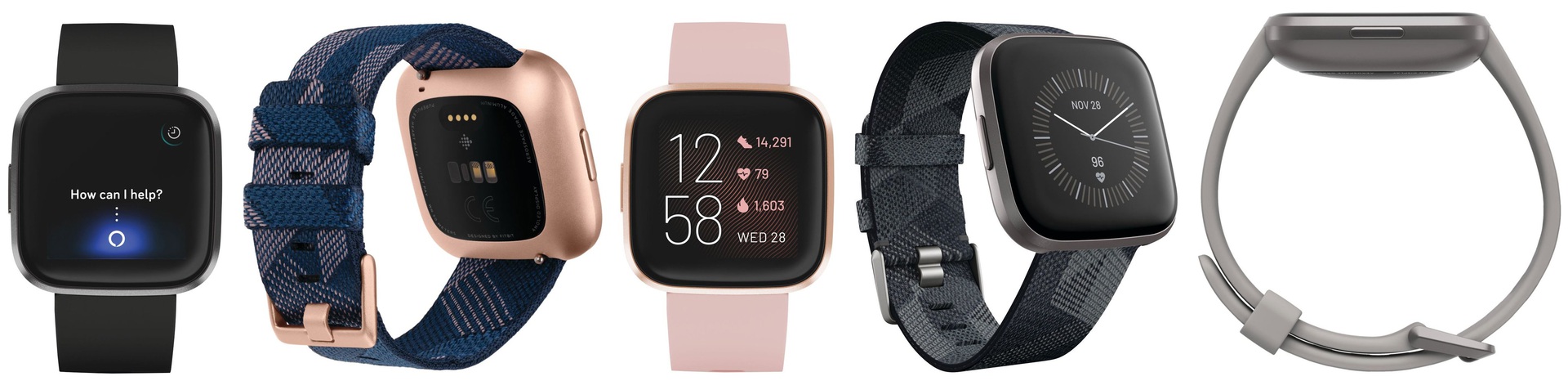 New Fitbit Versa Smartwatch renders showing five units side-by-side. 