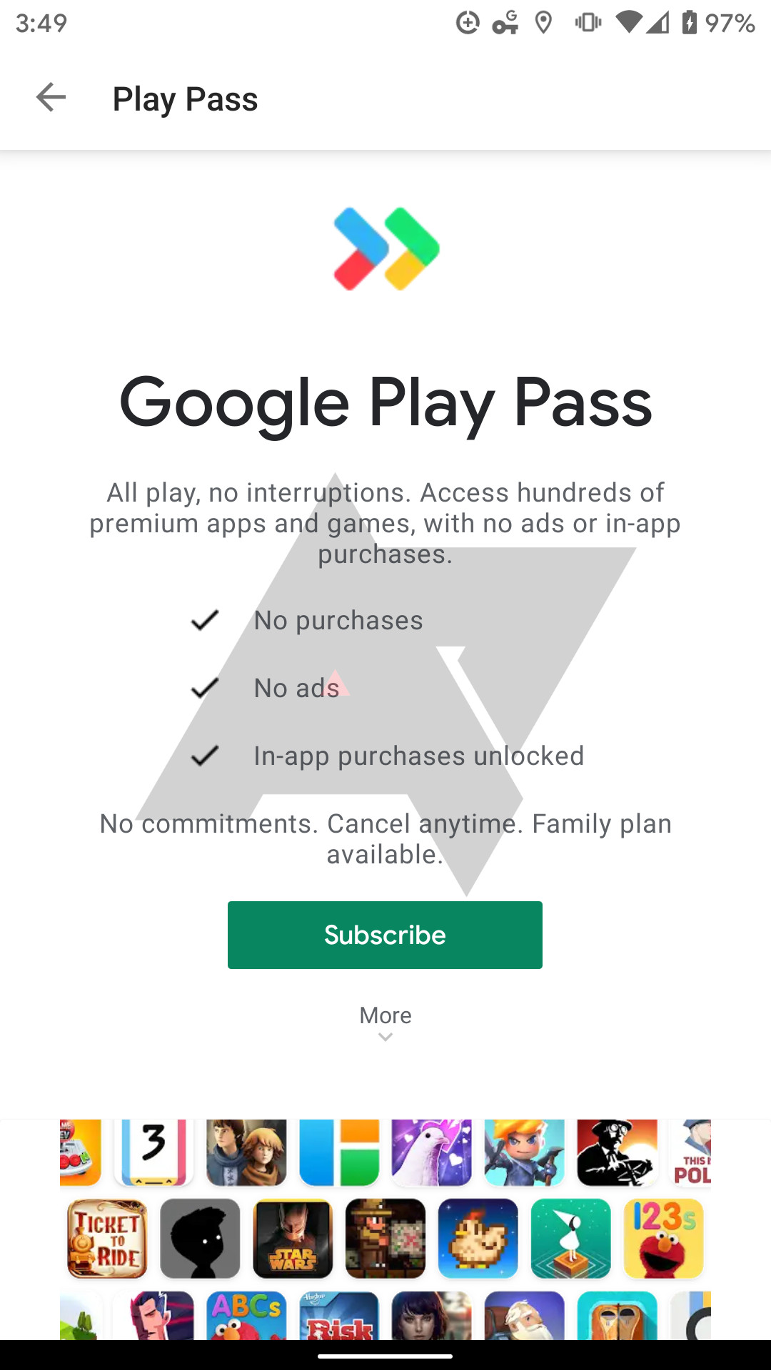 The Google Play Pass sign-up page.