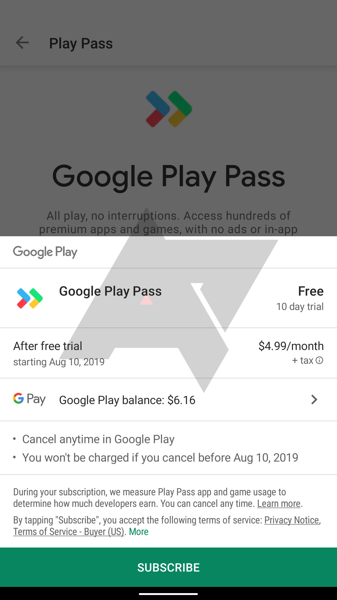 Google Play Pass sign-up page.