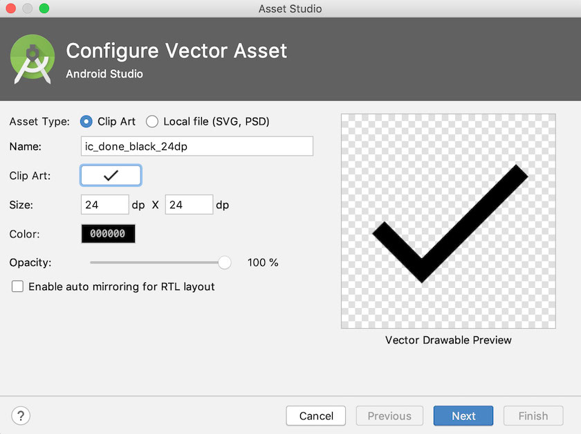 Create a vector asset drawable, using the Vector Asset Studio