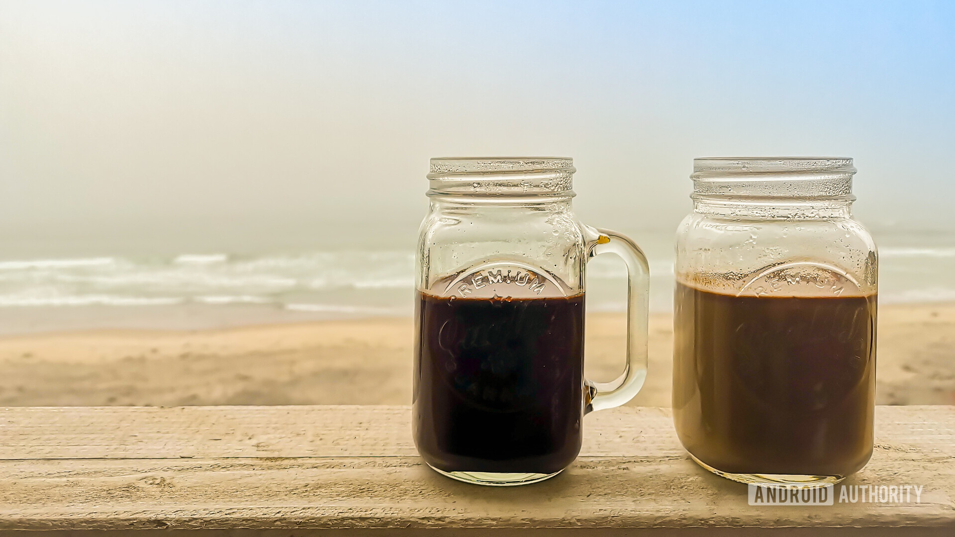 Coffee mugs by the beach