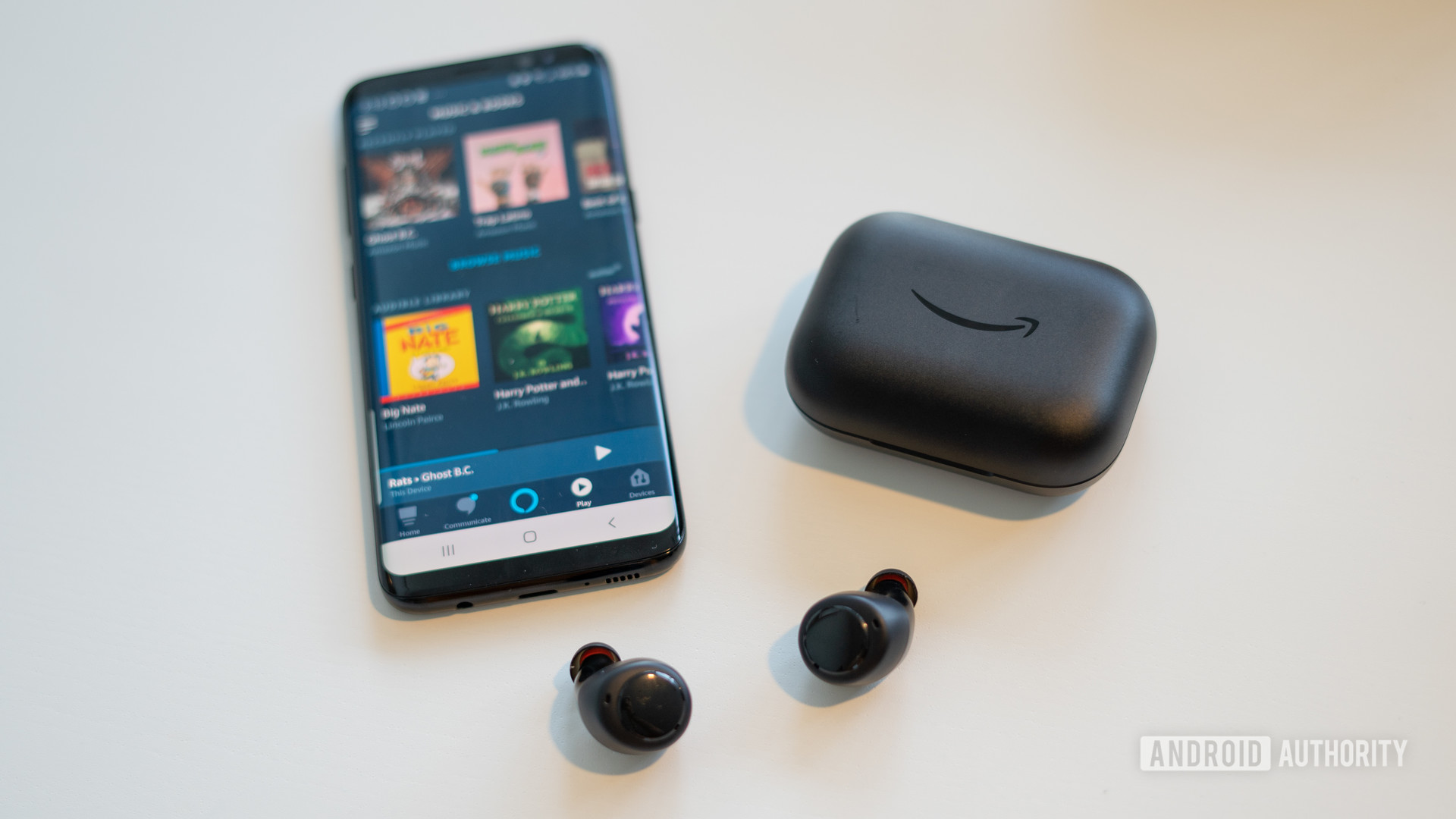 Amazon Echo Buds true wireless earbuds with the charging case and app.