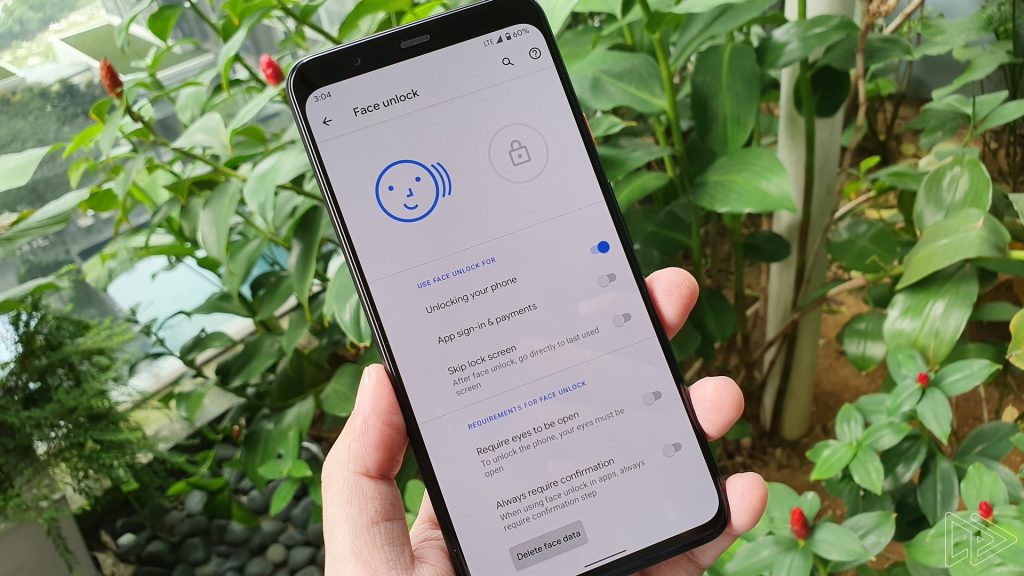 Google Pixel 4 Face Unlock settings menu for facial recognition