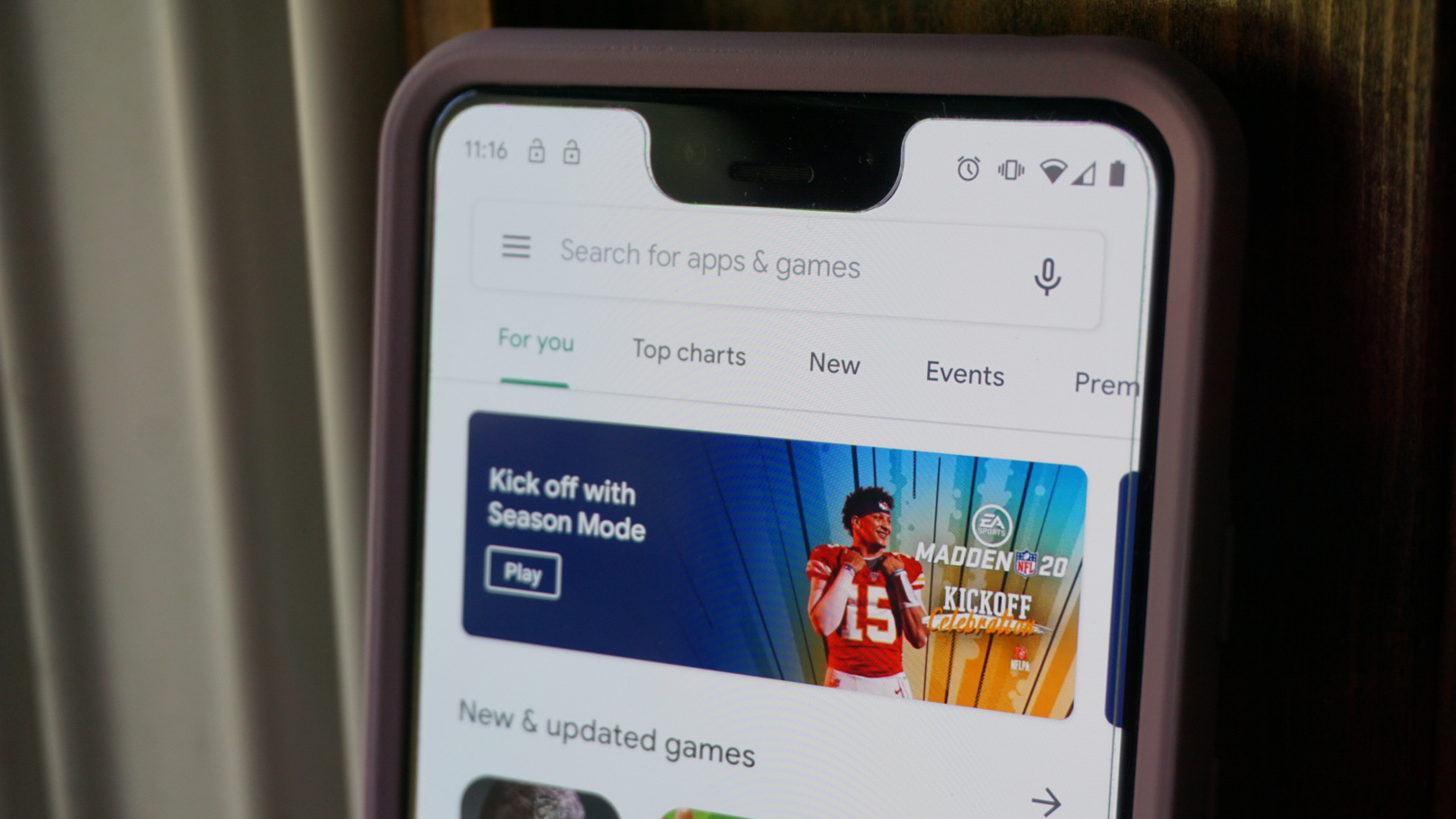 Picture of the redesigned Google Play Store on a Google Pixel 3 XL.