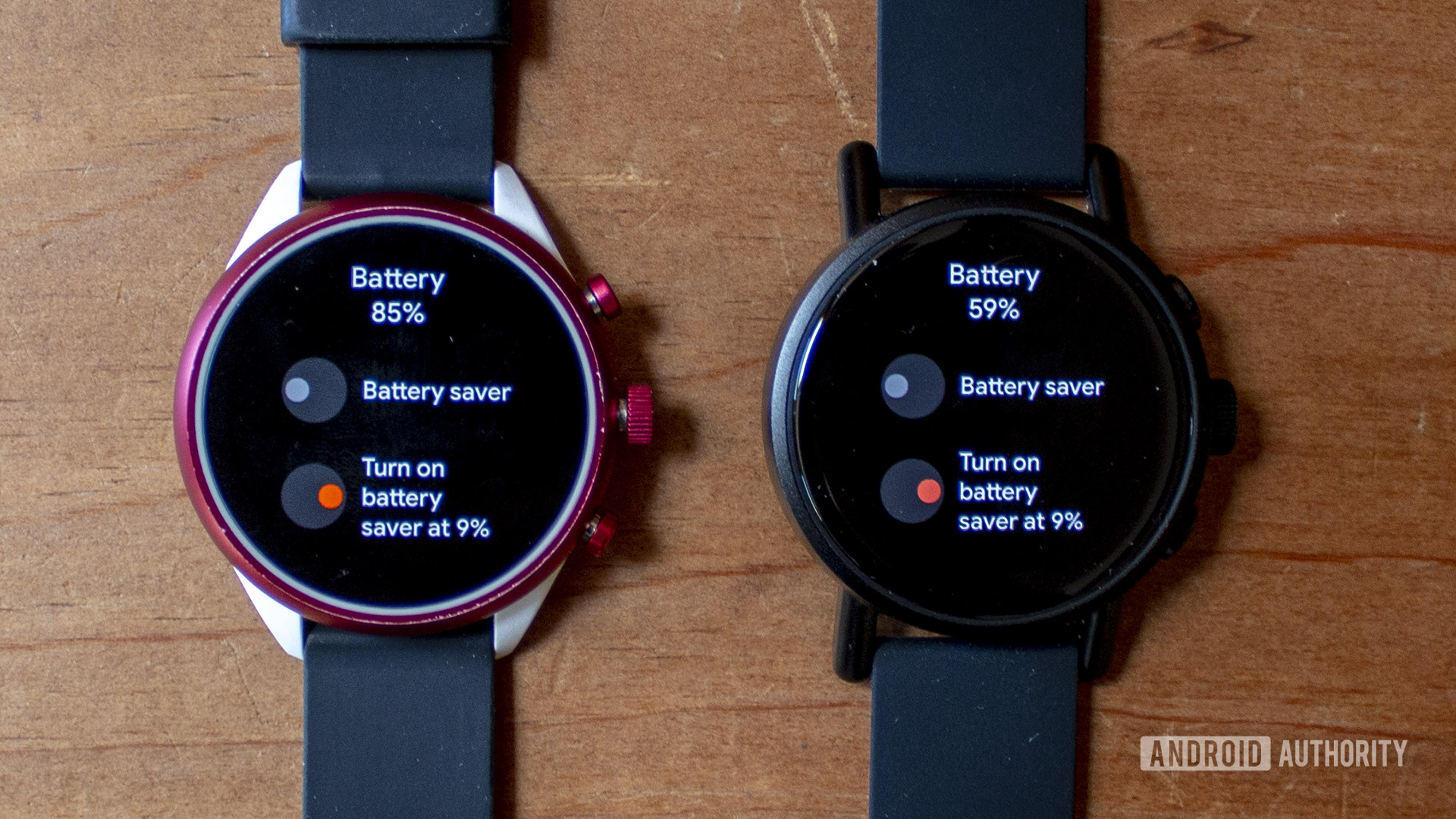 Misfit Vapor X Smartwatch Right next to Fossil Sport Left both showing battery options