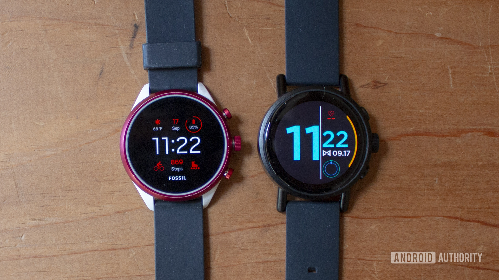 Misfit Vapor X Smartwatch Right next to Fossil Sport Left both showing front displays