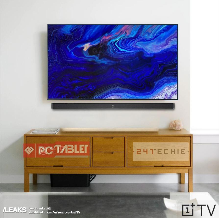 OnePlus TV leaked press image of device on wall over OnePlus soundbar