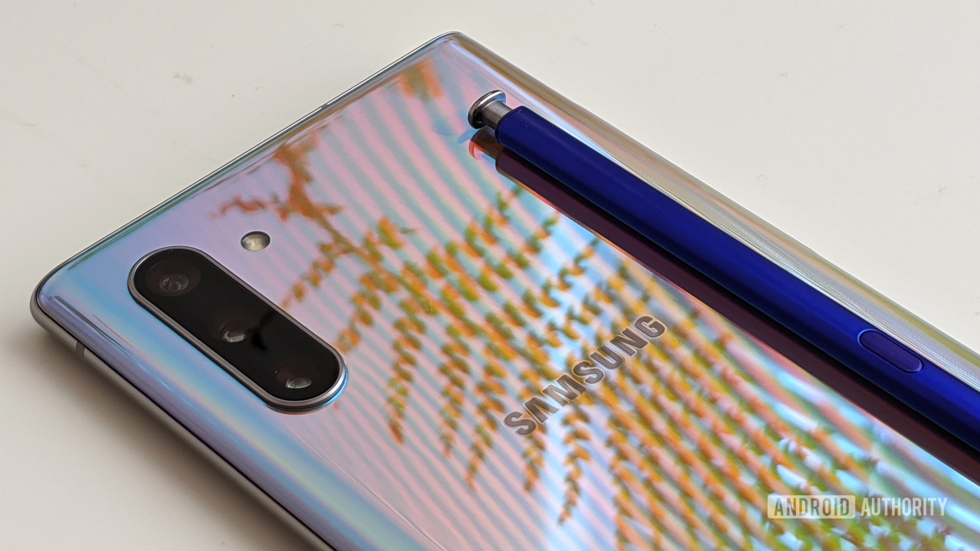 Samsung Galaxy Note 10 camera and logo with S Pen closeup