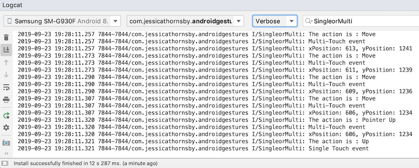 Android Studio will record whether each gesture is single or multi-touch