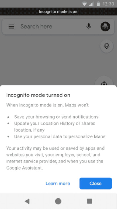 A screenshot of Google Maps incognito mode.