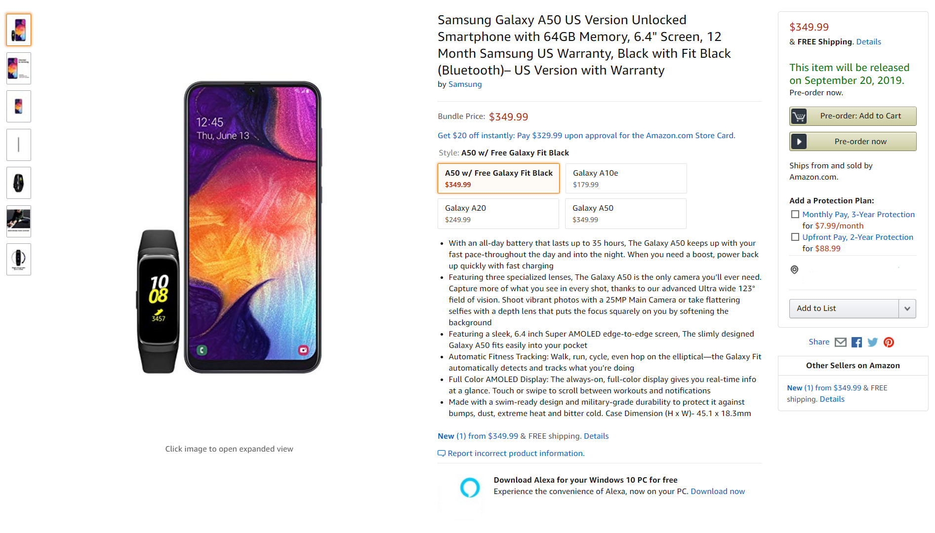 The Samsung Galaxy A50 Amazon listing.