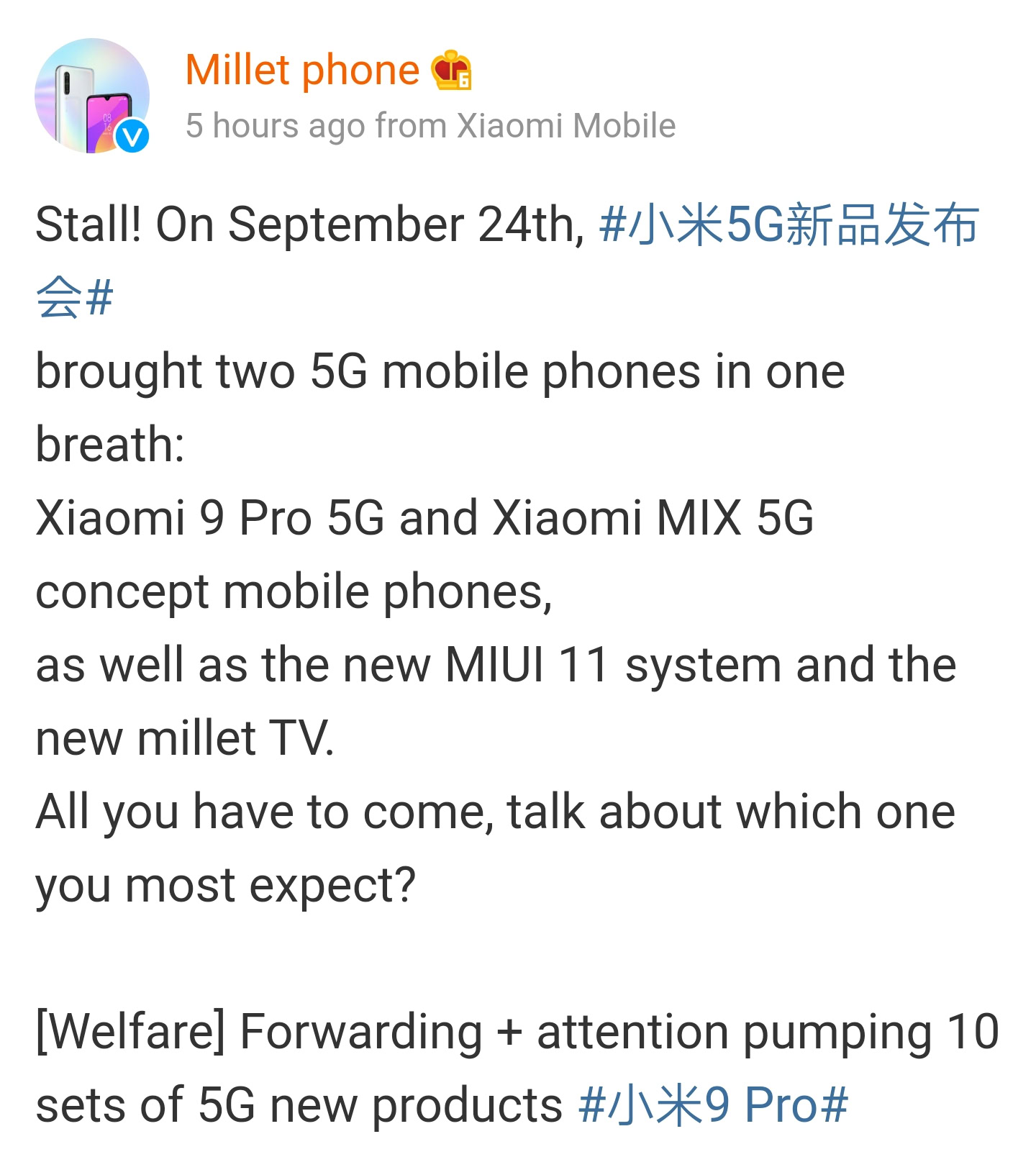 Xiaomi's machine-translated Weibo post.