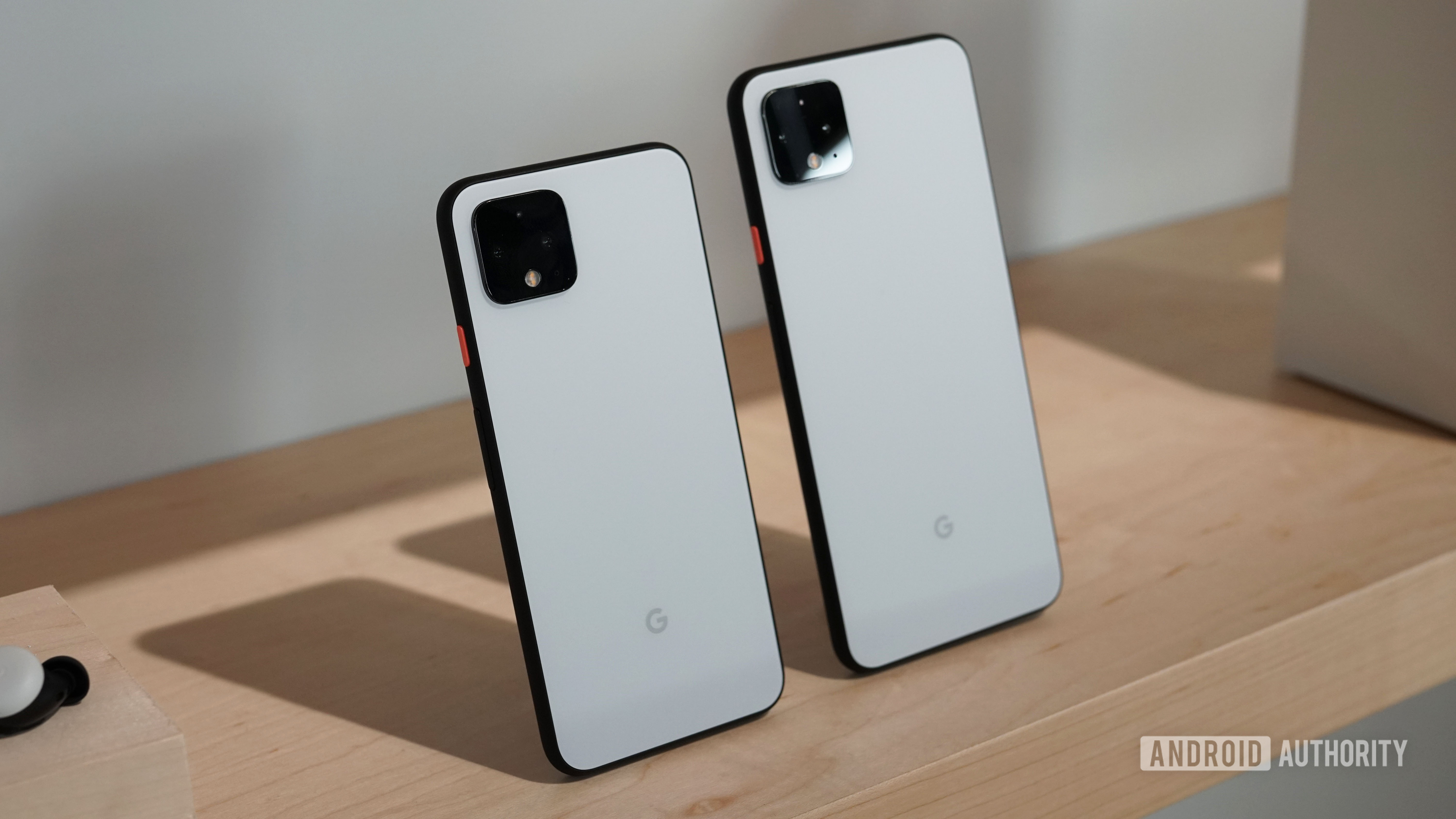 Clearly White Google Pixel 4 and Pixel 4 XL on a shelf