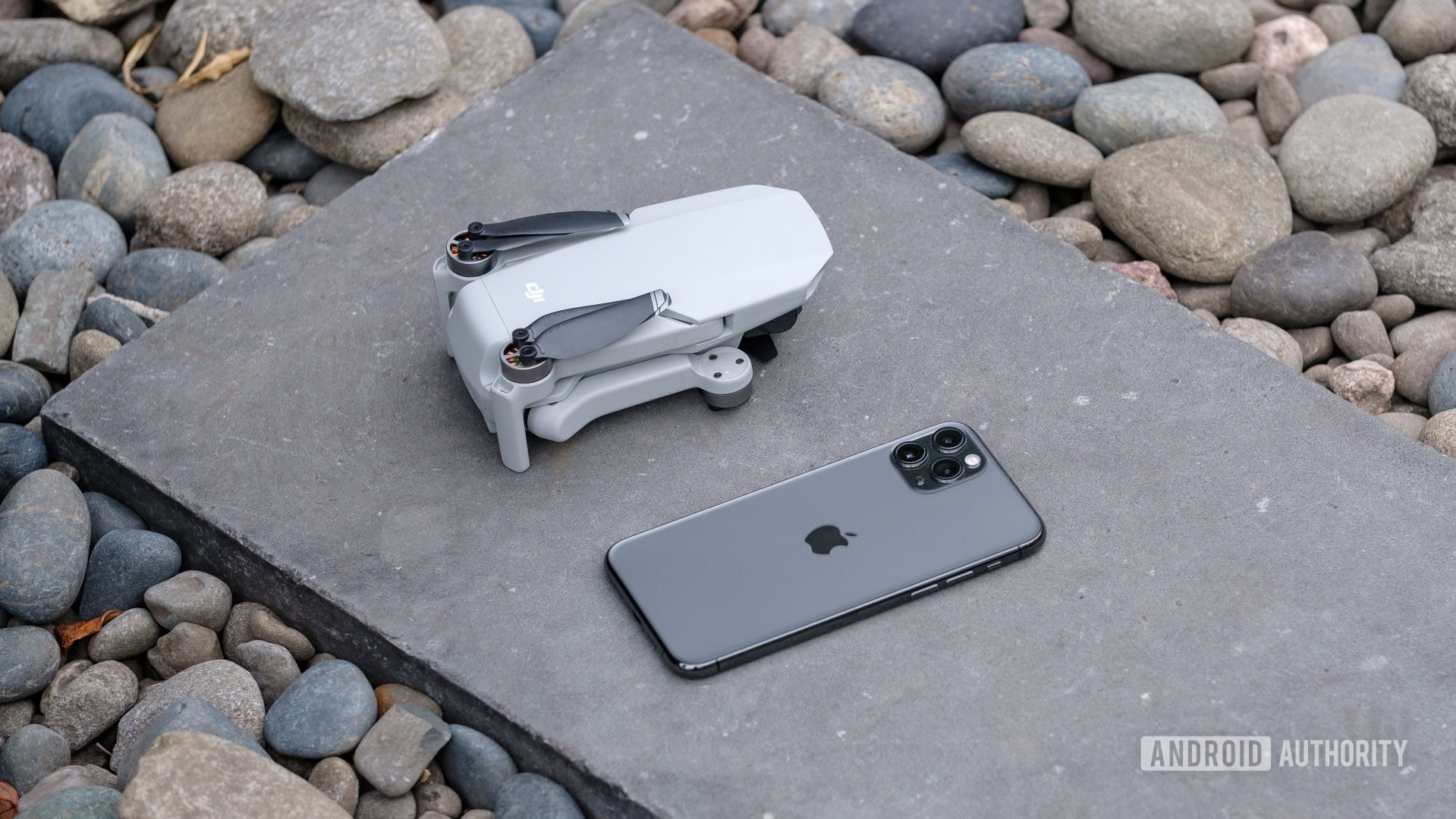 DJI Mavic Mini folded on ground vs iPhone 11 Pro Max