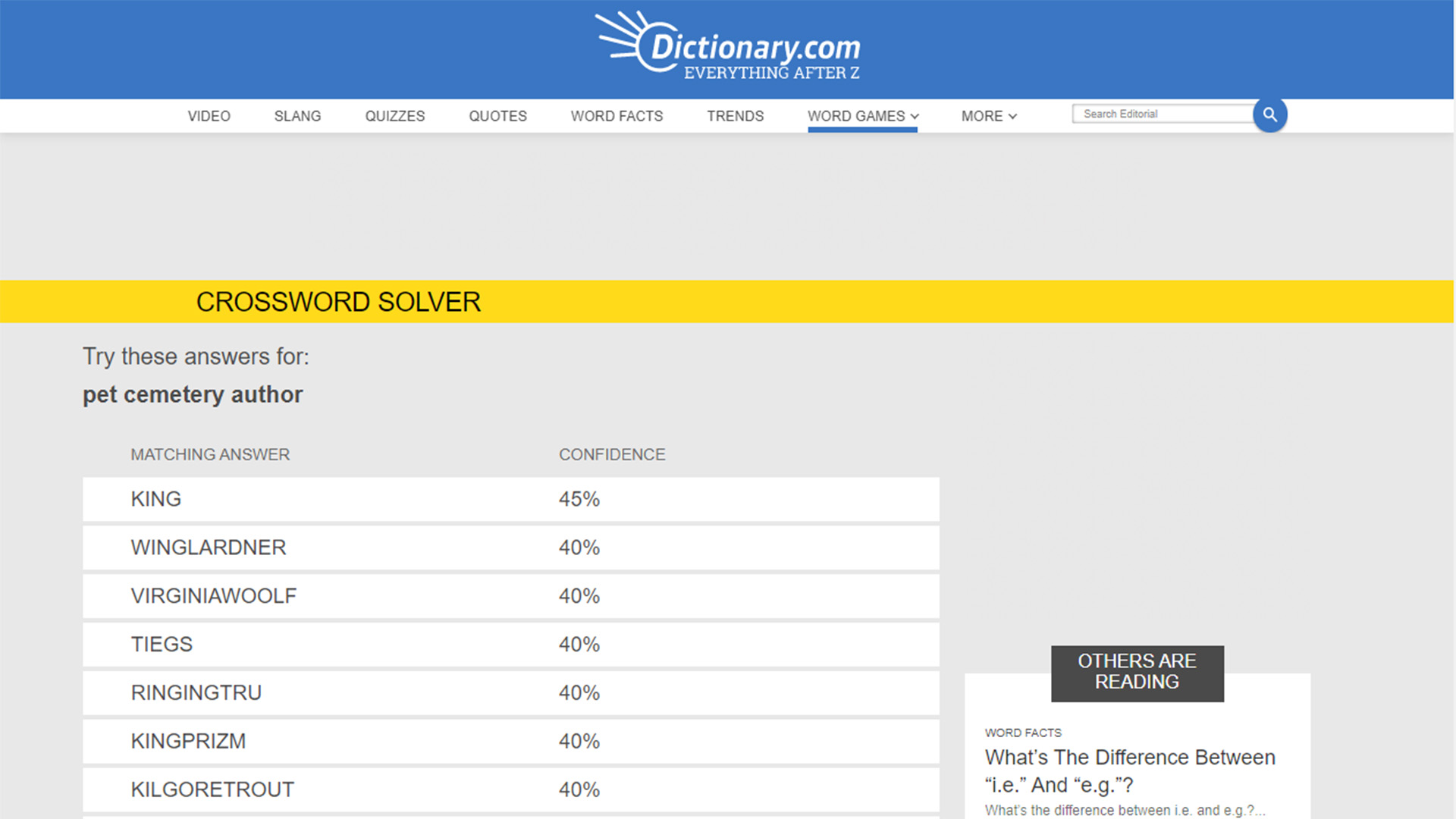 Dictionarydotcom website screenshot for crossword solvers