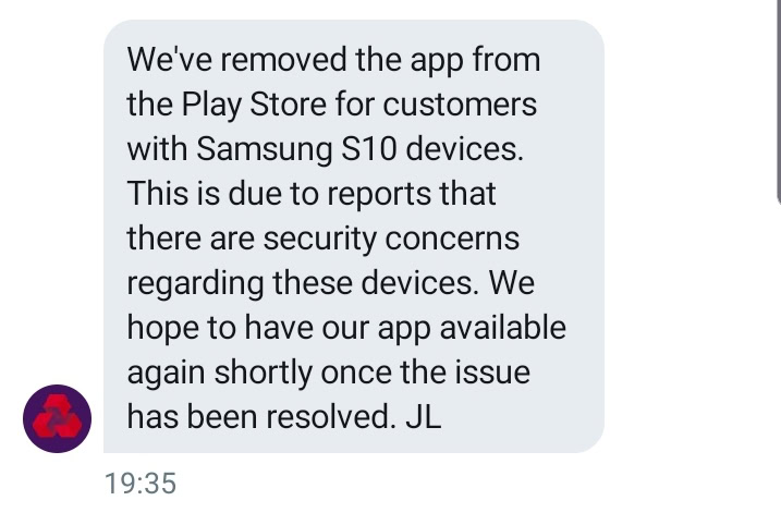 Galaxy S10 fingerprint flaw natwest bank app warning