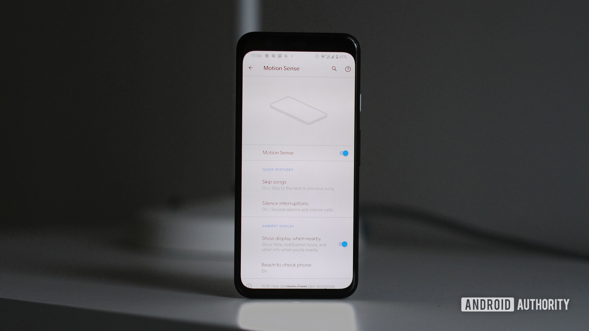 Google Pixel 4 Motion Sense menu for Soli radar