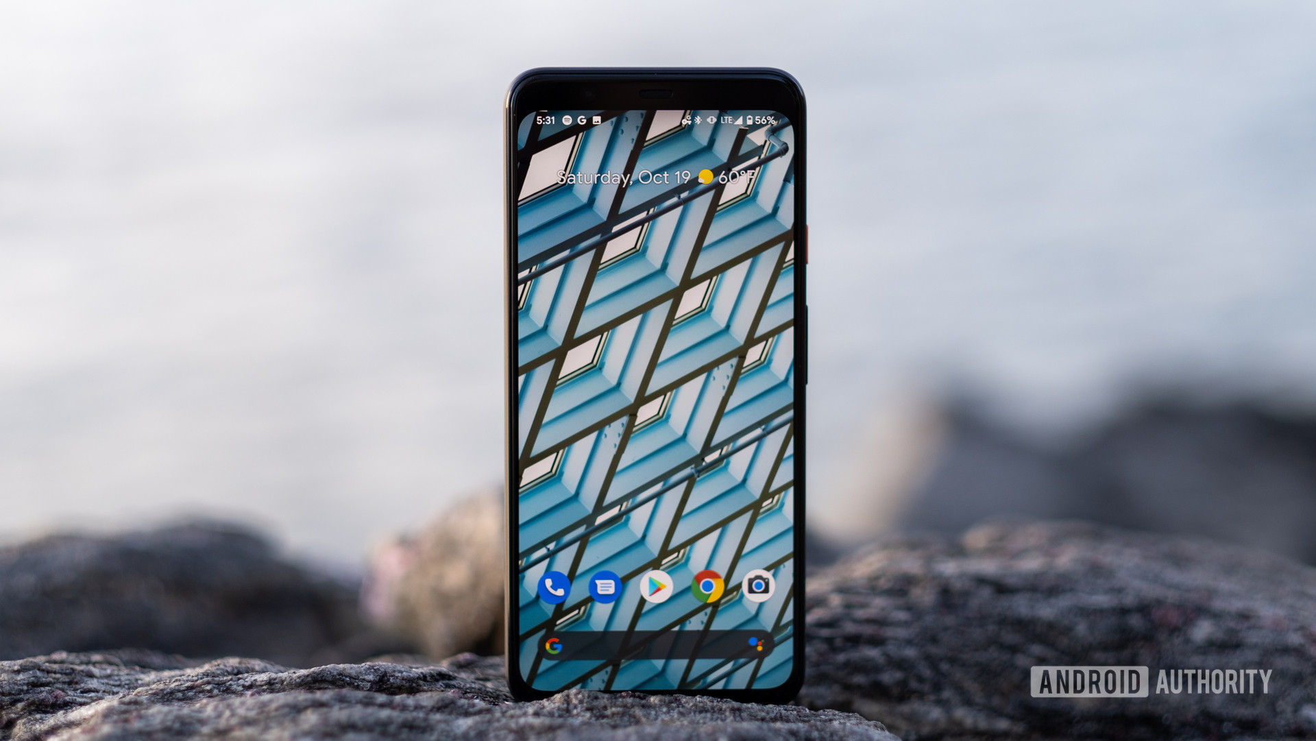 Google Pixel 4 XL home screen standing on rock 15