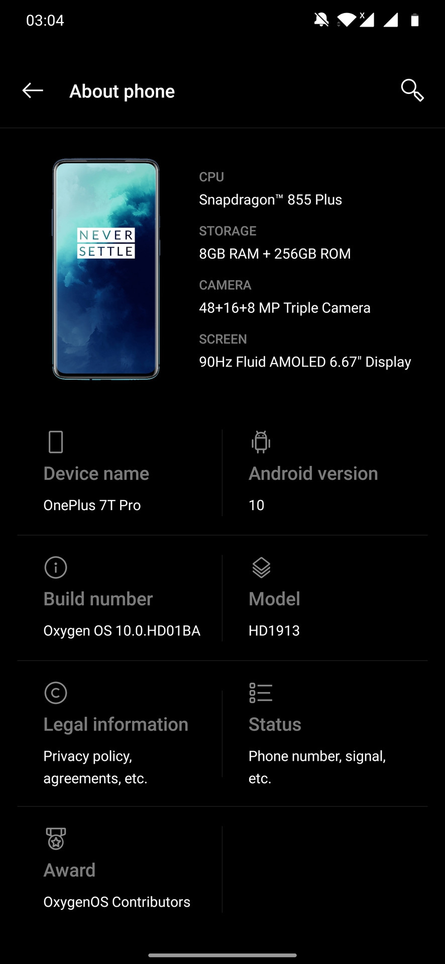 OnePlus 7T Pro Screenshot of about phone section