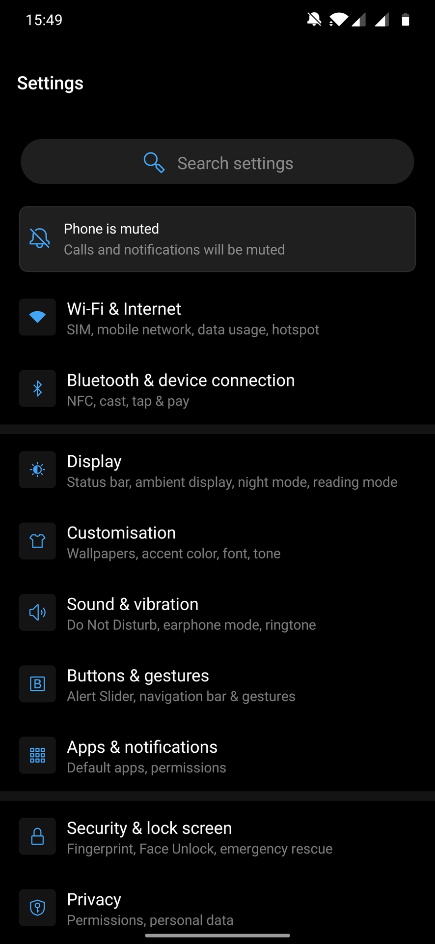OnePlus 7t Pro settings page