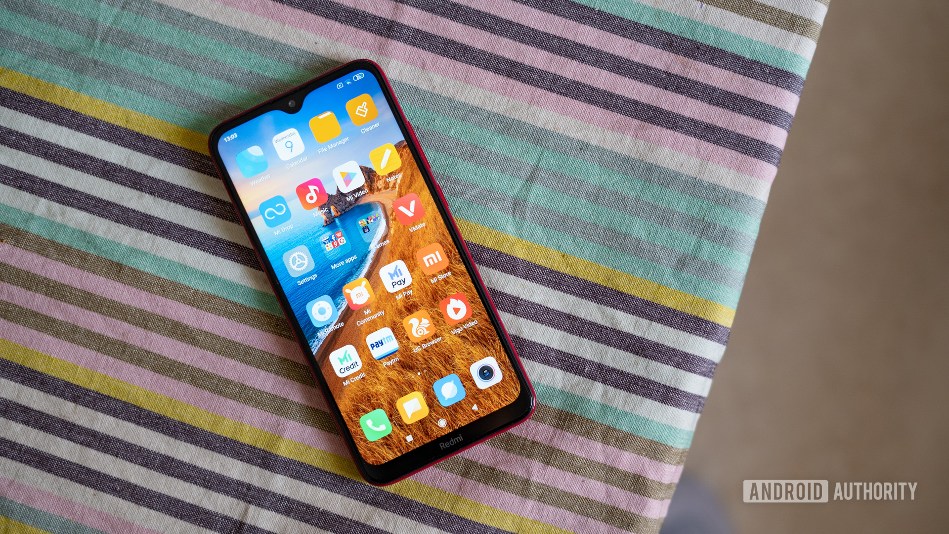 Redmi 8 on table showing display and notch