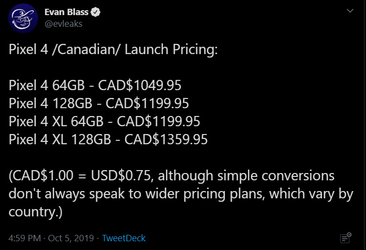 Google Pixel 4 price in Canada according to Evan Blass.