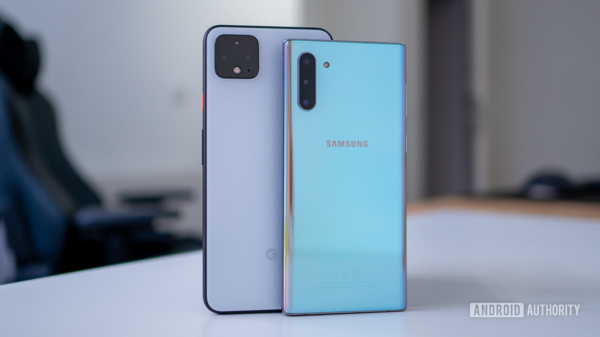 Google Pixel 4 XL and Samsung Galaxy Note 10 on a table