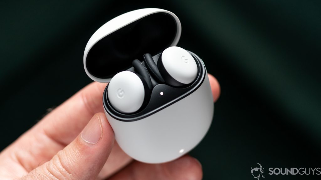 The Pixel Buds 2020 true wireless earbuds case hand.