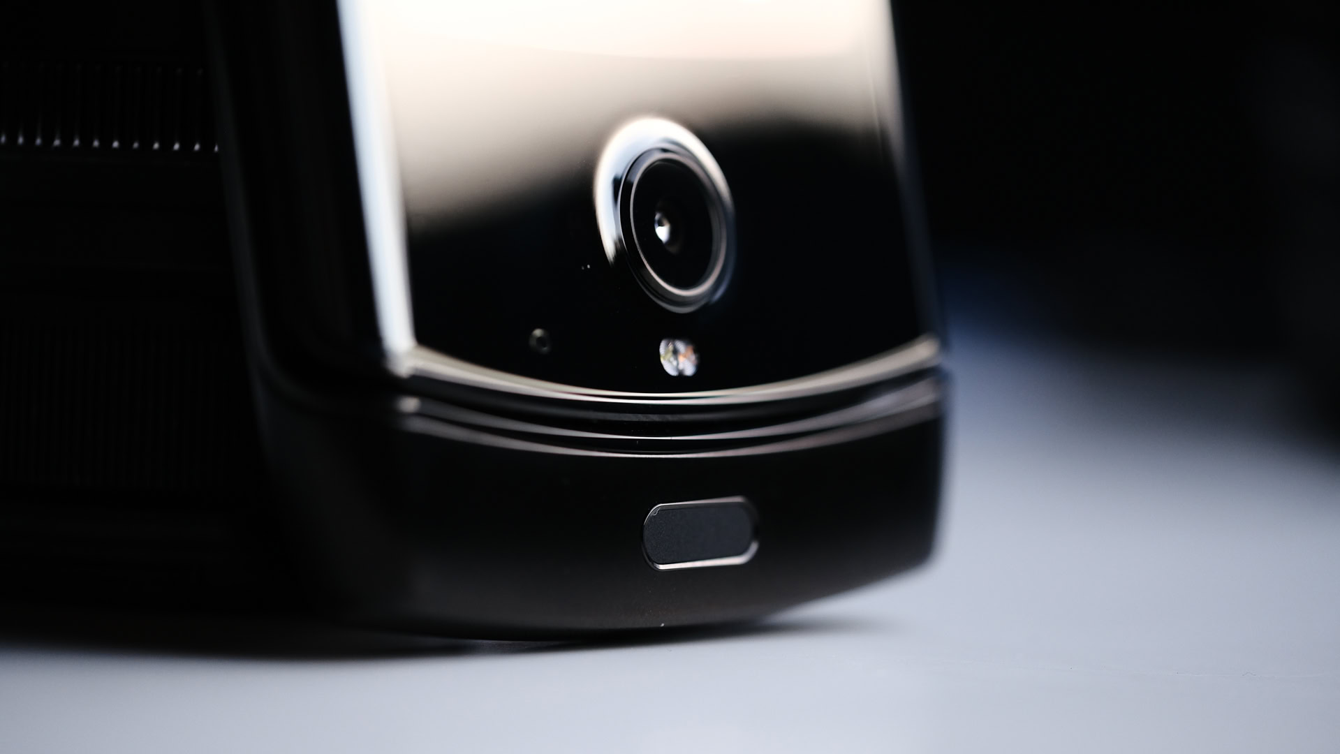 Moto Razr foldable camera and fingerprint reader closeup